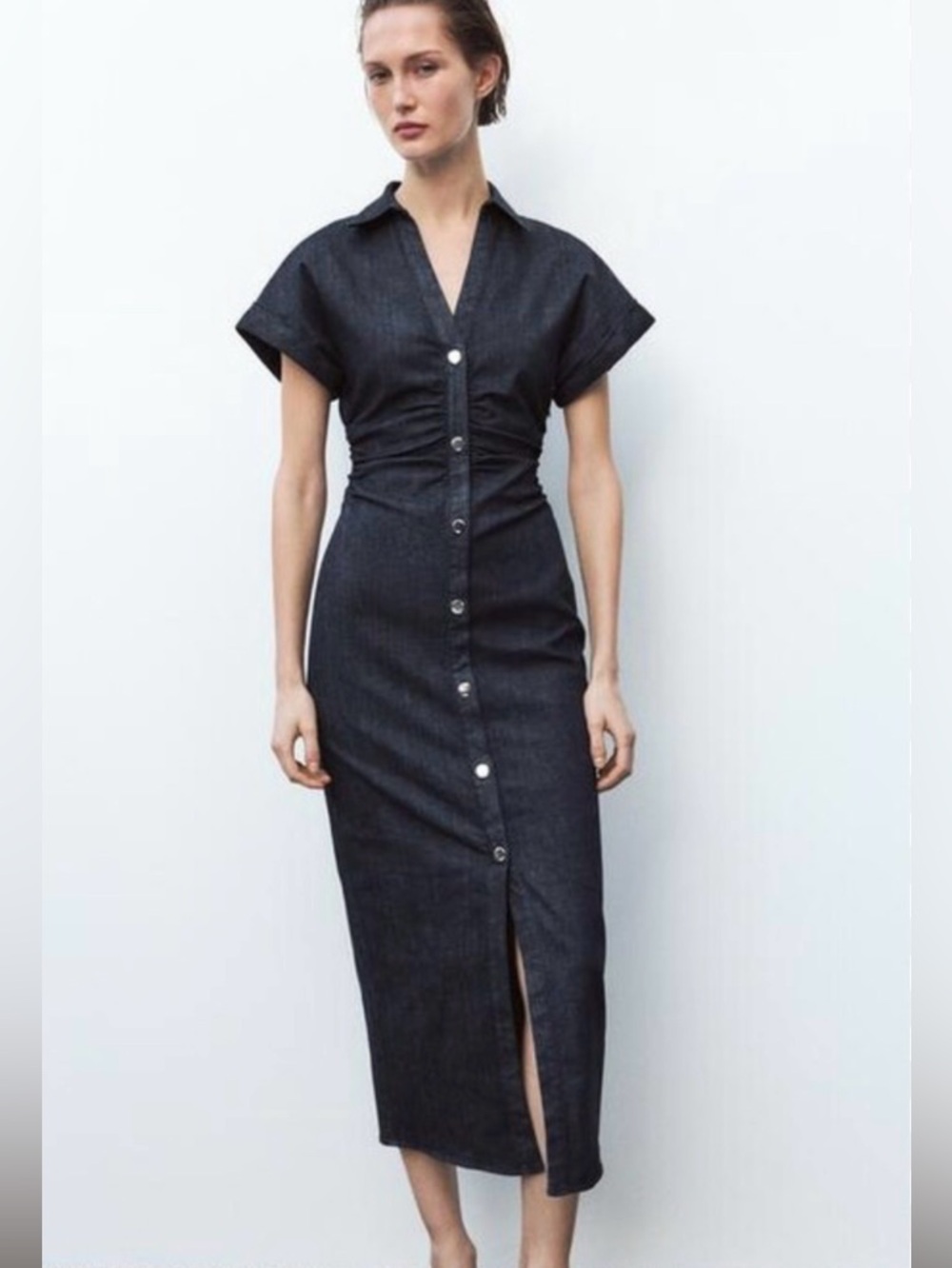 Zara Black Denim Button-Front Midi Dress